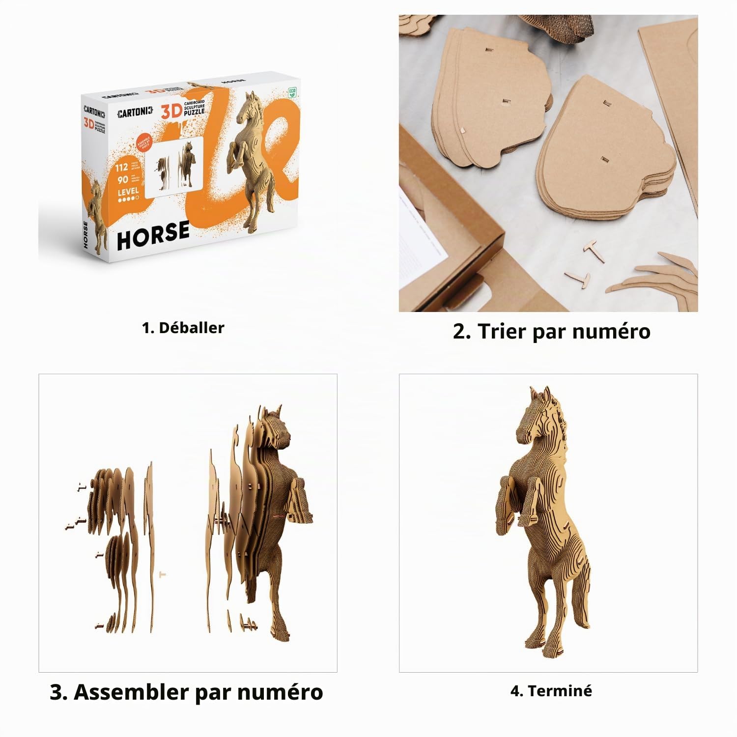 Cheval Puzzle 3D en Carton – Maquette à Monter | 112 Pièces, 33 × 22 × 7 cm – Kit Sculpture DIY à Peindre, Matériaux Recyclés, Ados & Adultes, Idée Cadeau Déco