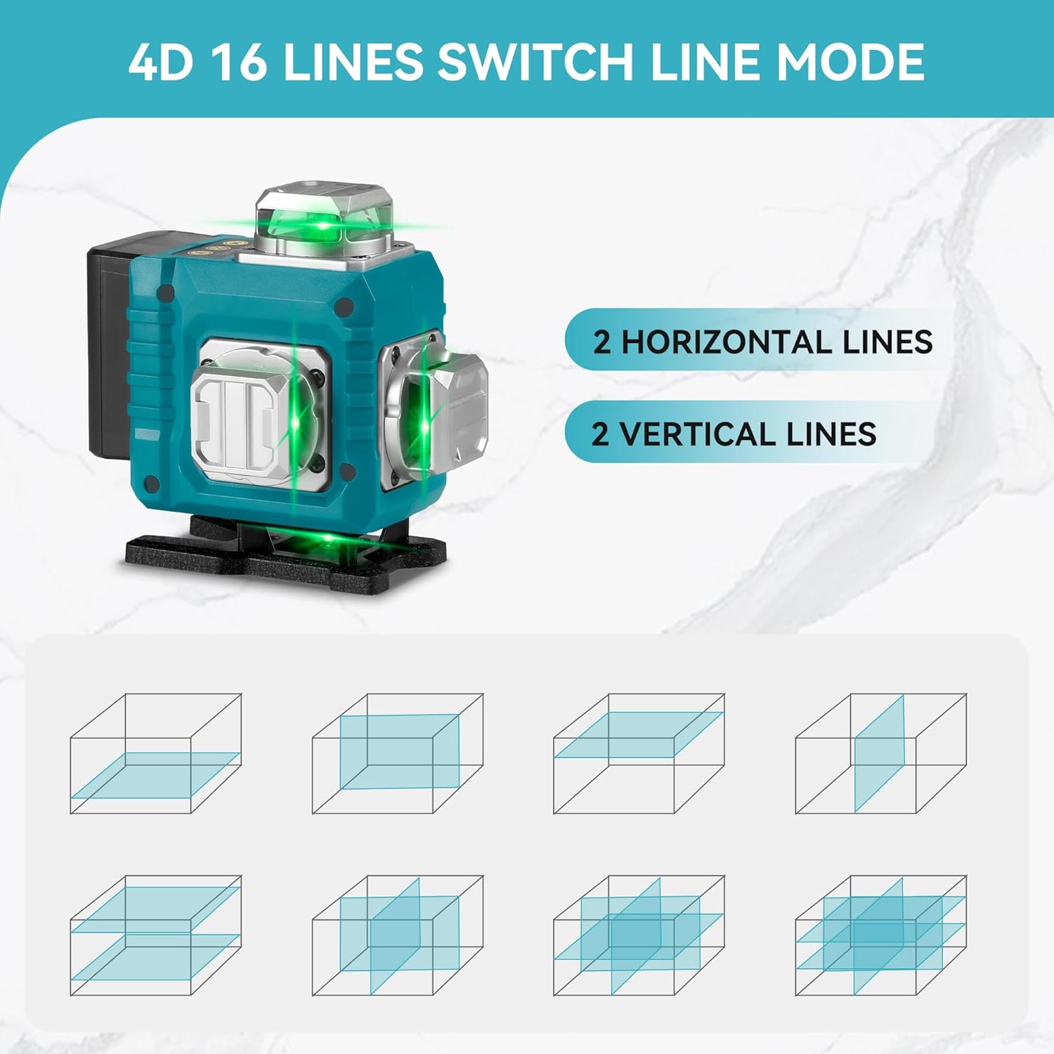 Diagram showing 4D 16 lines laser level modes with two horizontal and two vertical lines