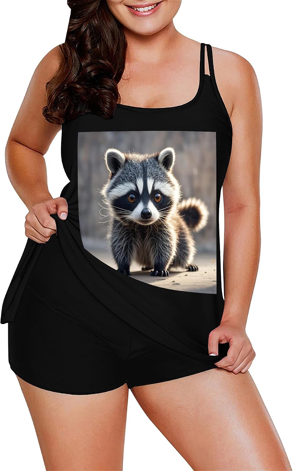 Cute Raccoon Tankini Swimsuits for Women Tummy Control Two Piece Bathing Suits Swim Tops with Boy Shorts