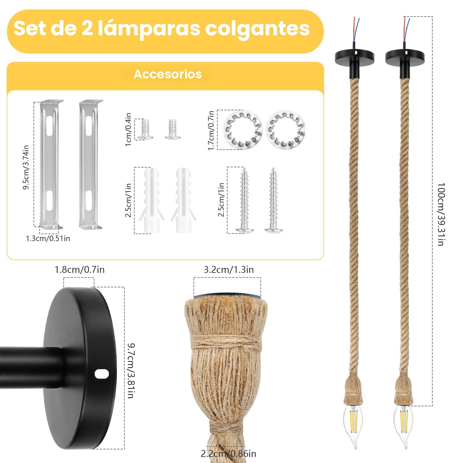 2 Piezas Lampara Cuerda Techo E27 Cáñamo Lampara de Cuerda Portalamparas E27 Techo Lampara Vintage Lámparas Colgantes Retro Lámpara Colgante Industrial 100cm para Comedor Restaurante Bar Cafetería