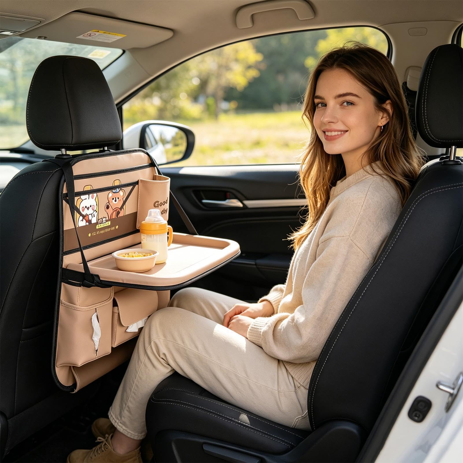 Organizador de asiento trasero de coche - Soporte multifunción plegable impermeable con bandeja | Bandeja de asiento de coche de viaje para niños | Para viaje, carretera, camping, camión, SUV | Organizador de almacenamiento de coche para viajes, carretera