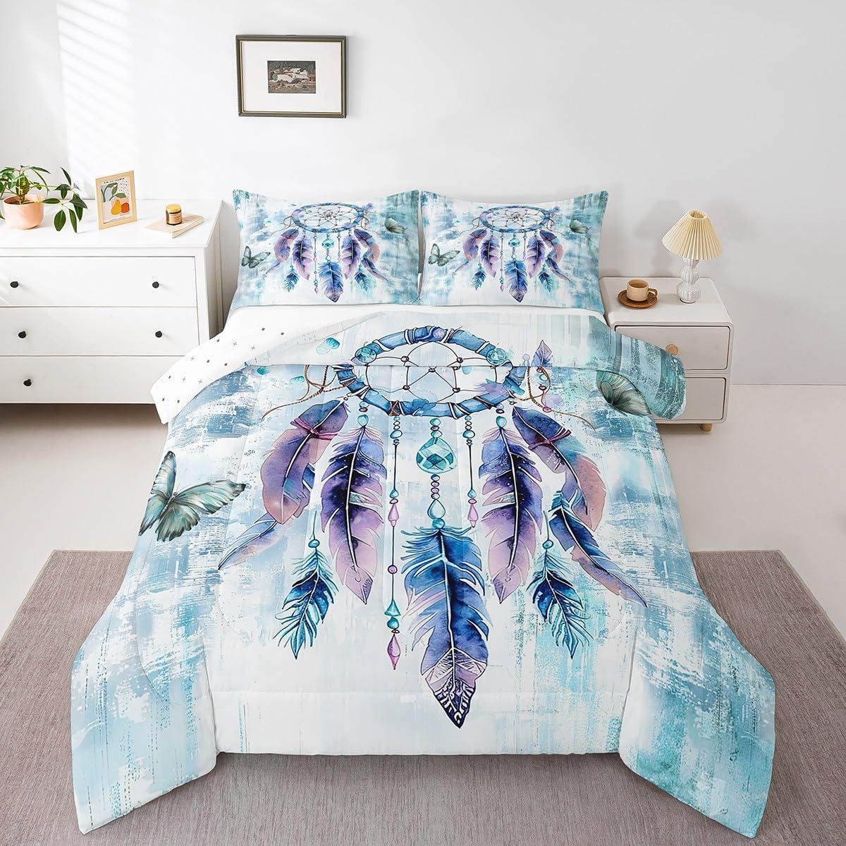 Erosebridal Bohemian Dream Catcher Queen Size Comforter Set for Girls Women Ombre Blue Bedding Set, Boho Gradient Feather Down Comforter Chic Butterfly Bed Set, Abstract Aesthetic Quilted Duvet