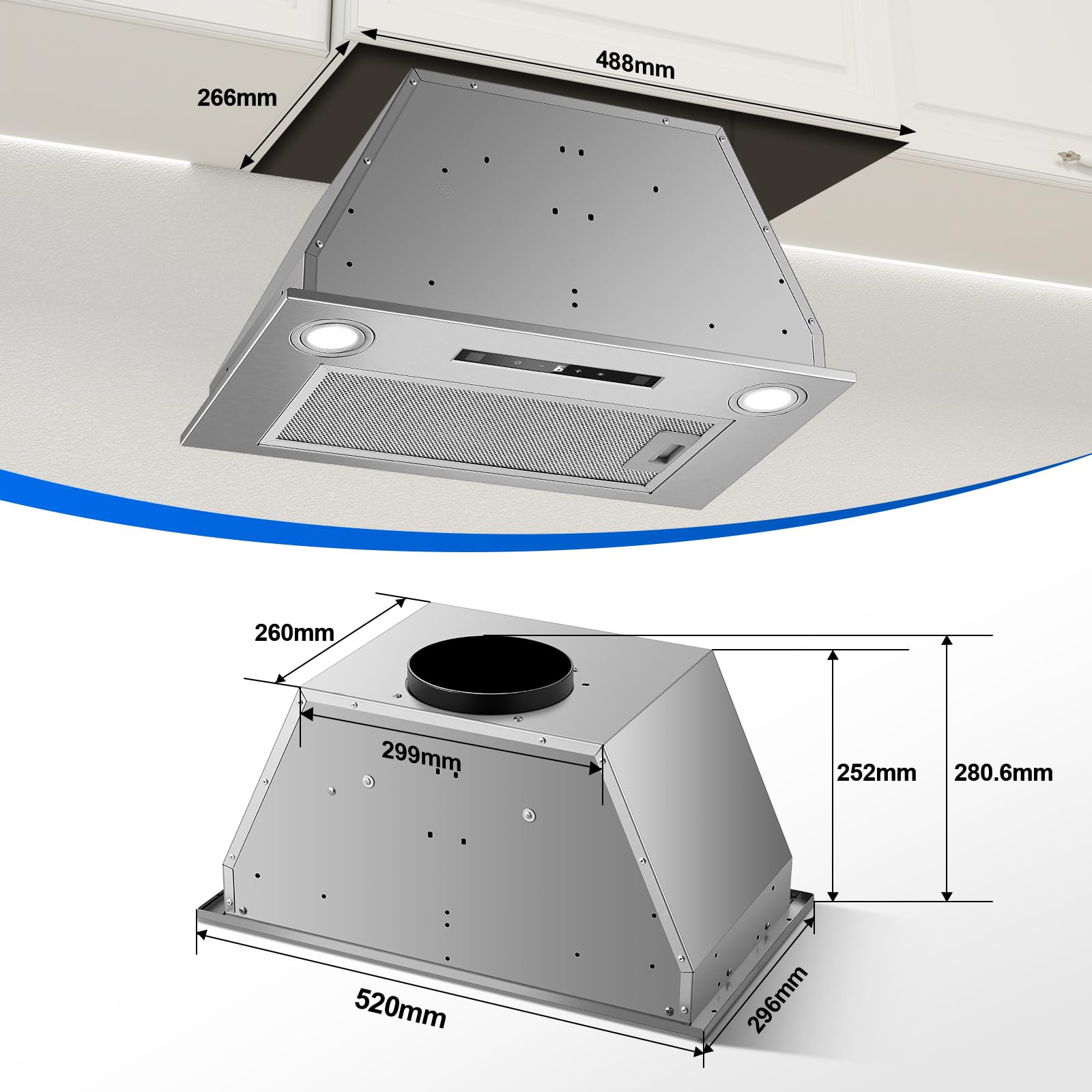 Dunstabzugshaube 52cm Einbau-Abzugshaube 400m³/h 3 Leistungsstufen Booster-Funktion Gestensteuerung Touch Bedienung Abluft/Umluft mit Aktivkohlefilter