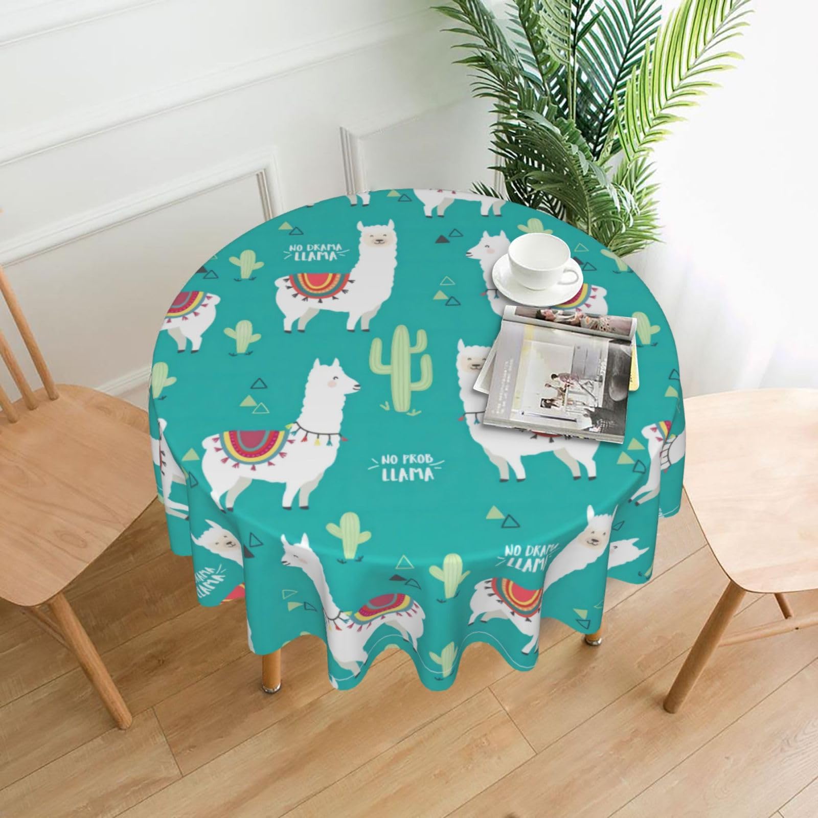 Nbtghga Alpaca Cactus Print Tablecloth Round Border Table Cloth Cover Decorative For Party Holiday Dinning Tabletop Home