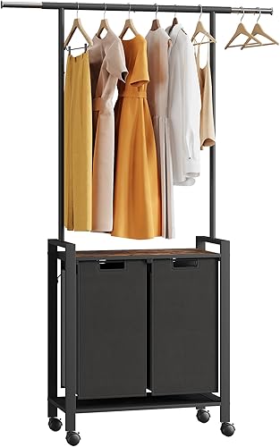 Miniatura 3 de Clasificador de ropa sucia con barra para colgar, cesta de lavandería rodante de 2 secciones con ruedas, organizador de cesta de lavandería con 2