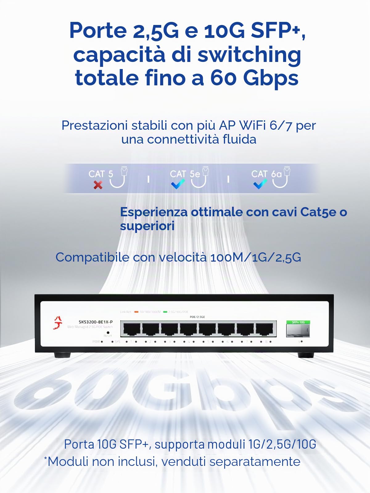 Switch XikeStor 9 Porte 2.5G PoE+ con 1x 10G SFP+ | 8 Porte PoE @30W, 140W Totale, IEEE 802.3af/at | Gestione Web, VLAN, LACP | Fanless | Per AP WiFi 6, Telecamere IP, NAS | Switch 2.5G PoE Web Managed VLAN/LACP/QoS/IGMP, per WiFi 6 AP, telecamera IP, NAS