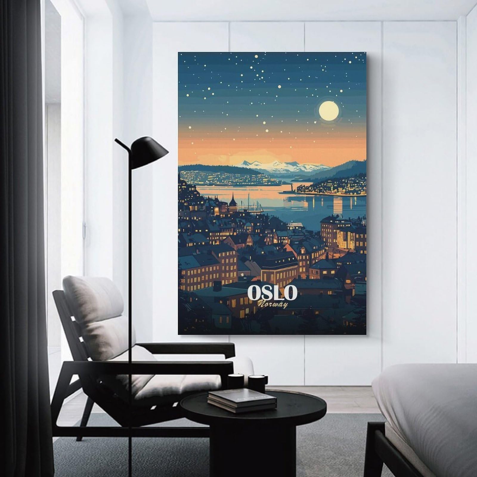 Junmoney Oslo, Norway Cityscape at Night Canvas Art Print 08x12inch(20x30cm), for Feature Walls in Flats Or Modern Rooms, Ideal for Building A Coordinated Art Wall