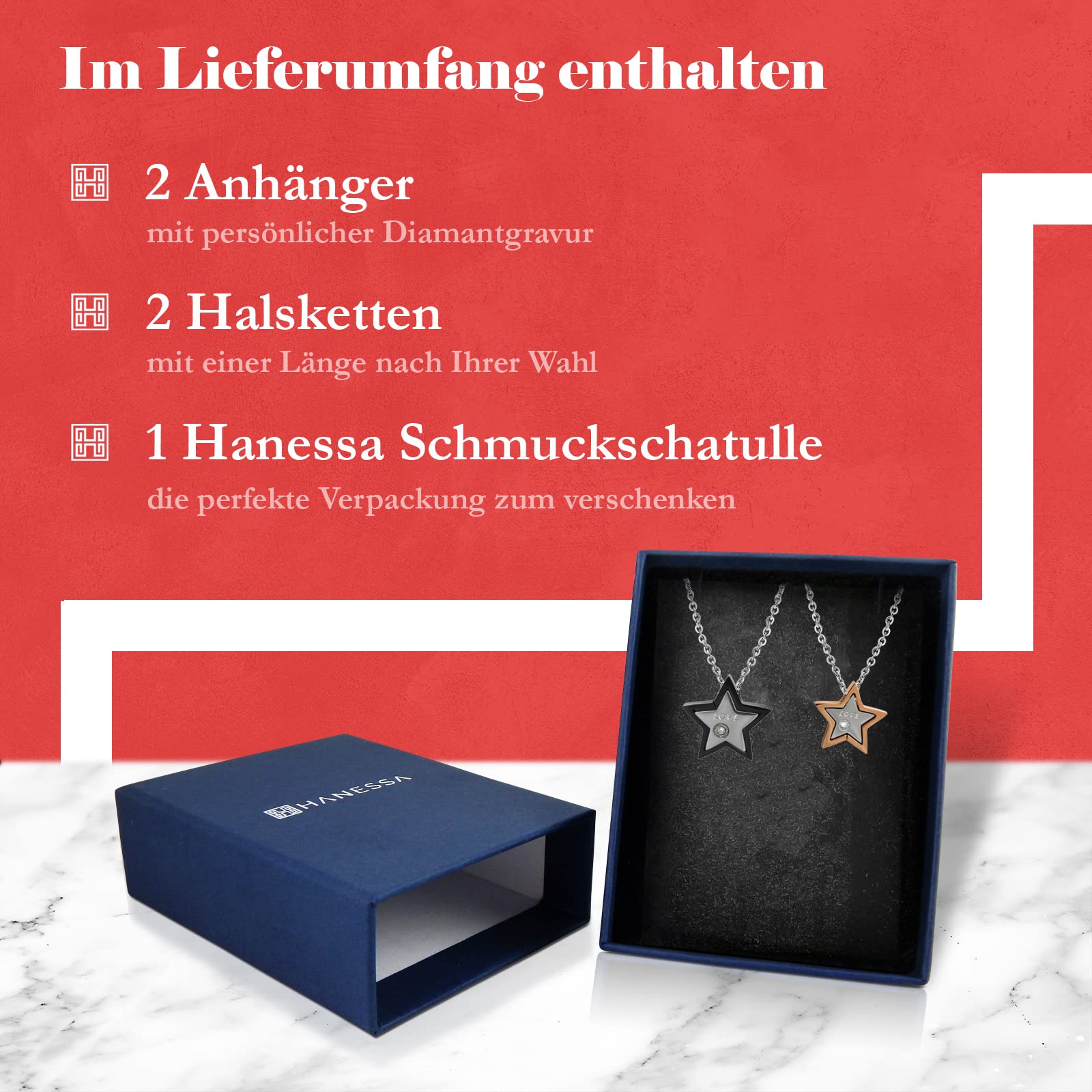 2 Stück Personalisierte Kette mit Gravur Edelstahl 45 cm mit Anhänger Stern mit Datum in silber schwarz gold - Personalisierte Geschenke für Damen Herren Freundin Freund - Partner Halskette