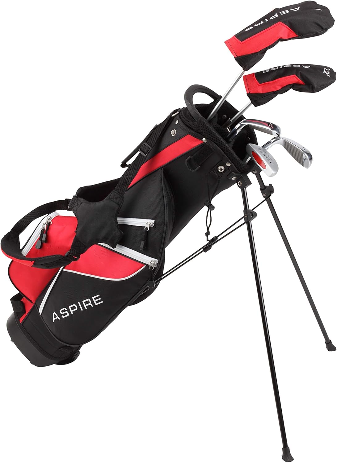 aspire junior plus kids golf clubs for ages 3-12 (5 groups) - boys & girls right-handed kids golf set with lightweight stand bag, graphite shafts & aircraft-grade aluminum red ages 11-12