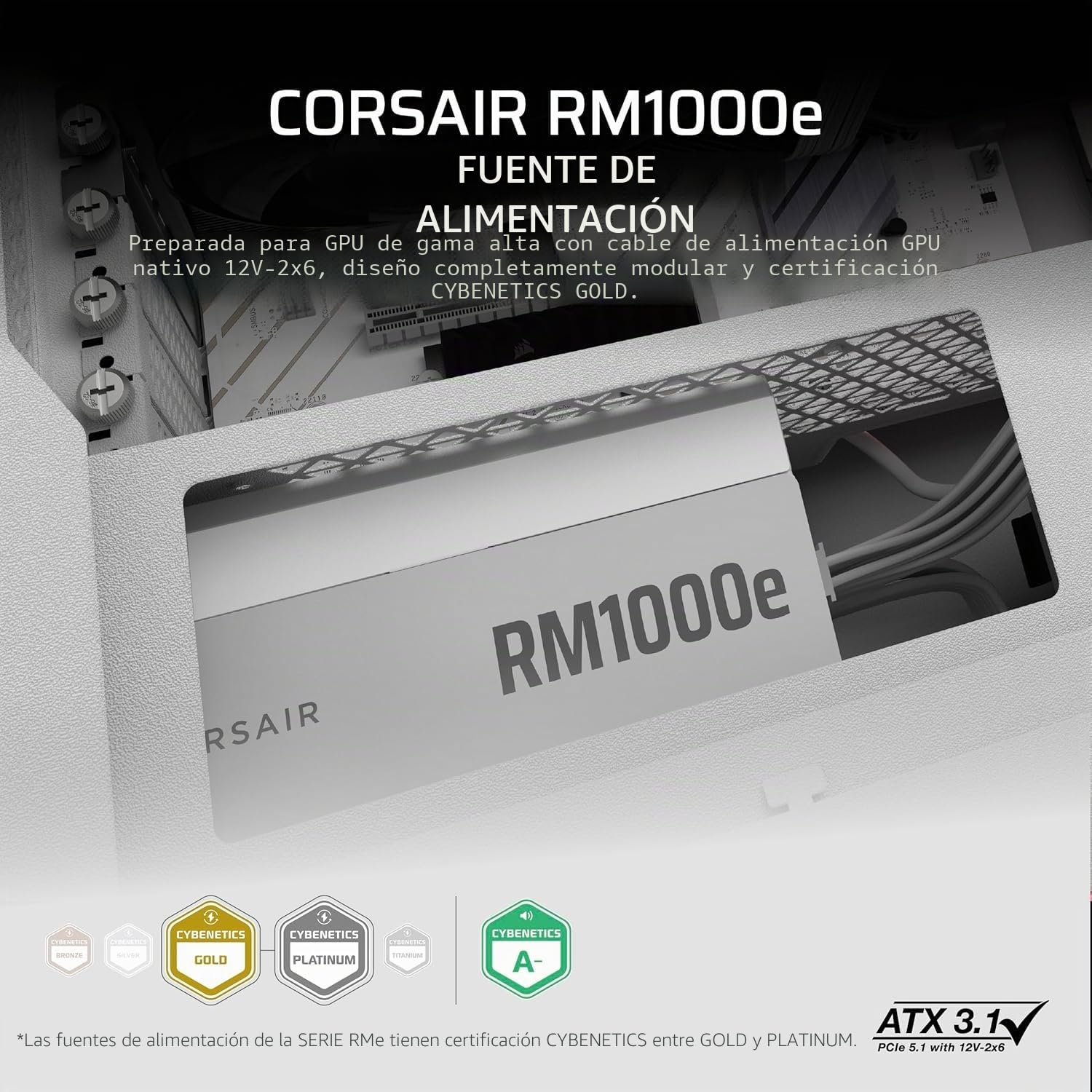 Corsair RM1000e (2025) Fuente de alimentación ATX Totalmente Modular de bajo Ruido con Cable de 12V-2x6, Cumple con ATX 3.1 y PCIe 5.1, eficiencia Cybenetics Gold, condensadores Clasificados a 105 °C