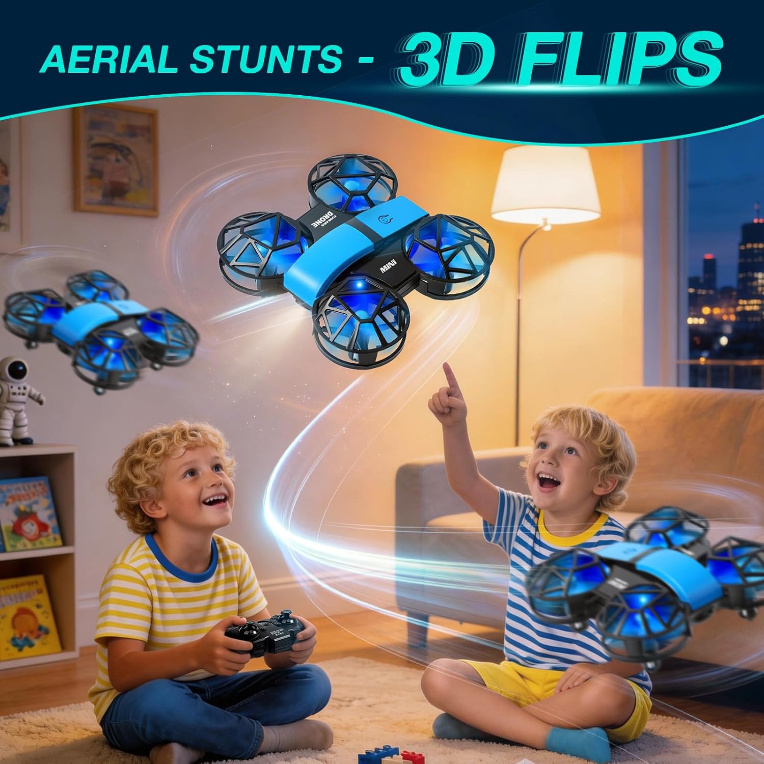 Blue Mini Drone for Kids, Indoor & Outdoor RC Quadcopter, Full Propeller Guards, LED Light, 3D Flips, One Key Start, Headless Mode, 2 Rechargeable Batteries, 21 Mins Total Flight Time, Toy Gift for Boys and Girls