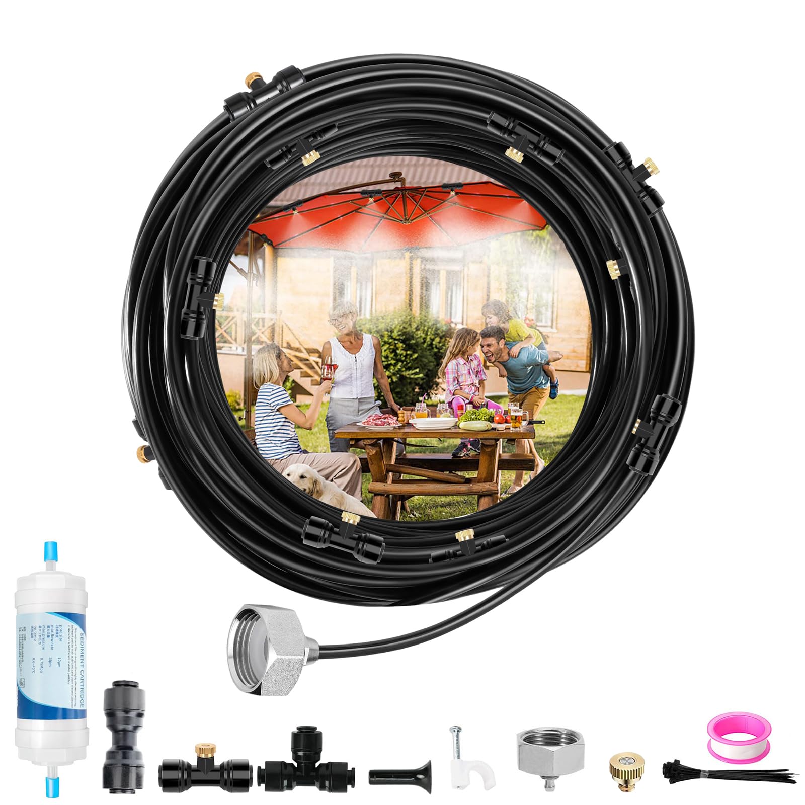 Sprühnebel Terrasse für Den Außenbereich, Sprühnebel Kühlung mit Wasserfilter, Outdoor Misting System, Wasservernebler Terrasse für Garten Rasen, Sprühnebelanlage zum Kühlen von Außengewächshaus (18M)