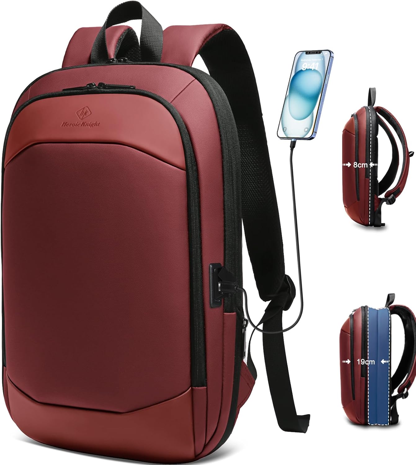 HEROIC KNIGHT Backpack for Men 15.6 Inch Laptop with USB Port Waterproof Ultralight Work Office University School Travel Business Zipper YKK 27L, Red