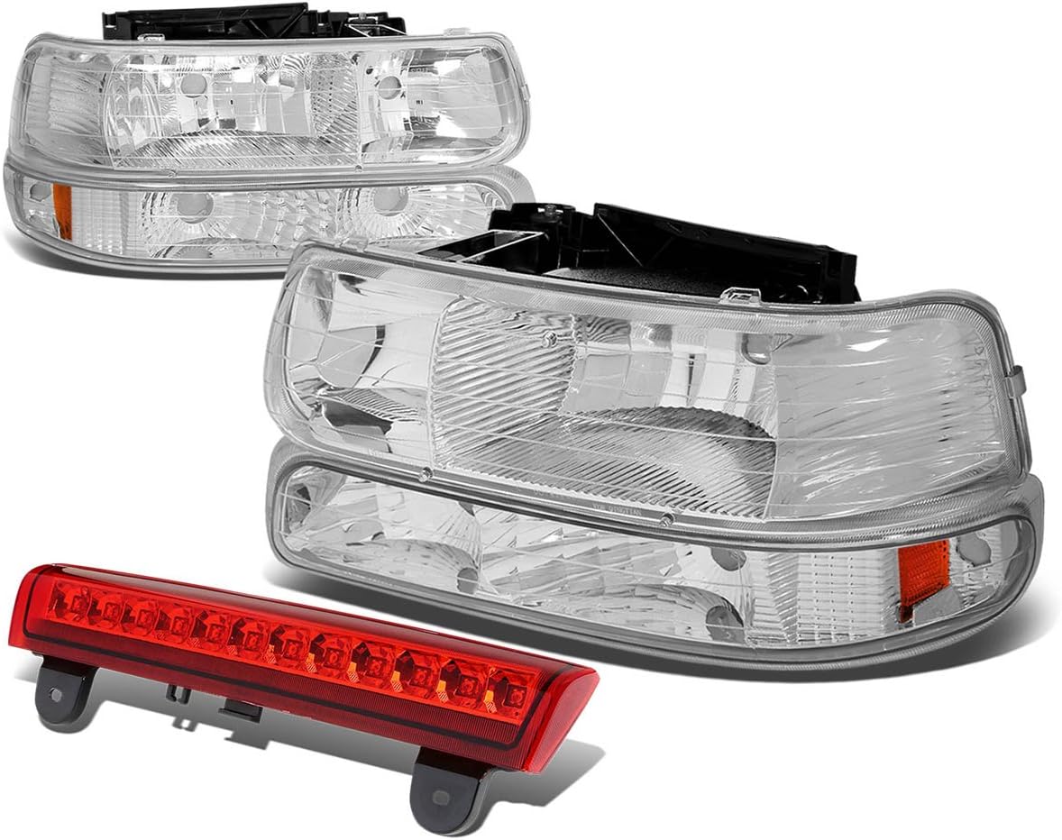 Auto Dynasty Compatible with Chevy Tahoe/Suburban GMT800 Pair of Chrome Amber Corner Headlight + Bumper + 3rd Brake Light (Red Lens)