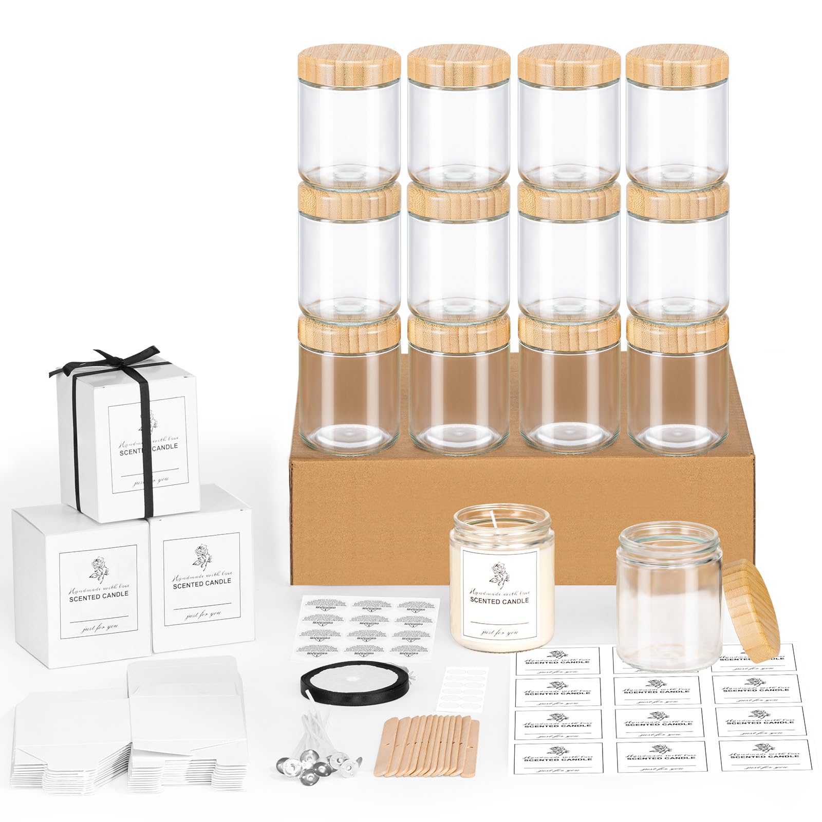 12Pack 8OZ Thick Glass Candle Jars with Bamboo Lids,Christmas Candle Jars with Candle Making Kits&Labels&Gift Box,Empty Food Storage jar Overnight Oats Container Canning Jar For SpicePickleJamSalad
