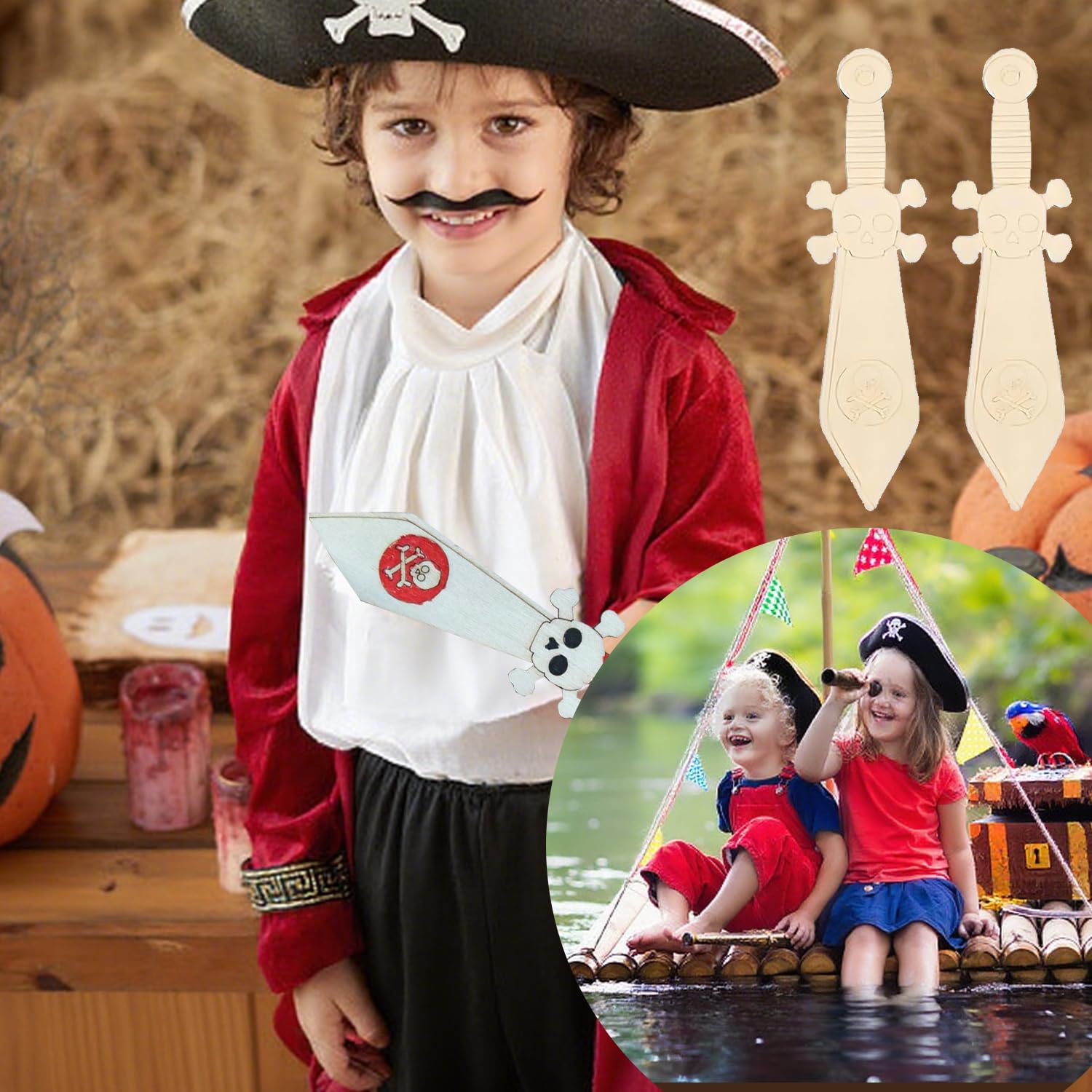 Sztqqing Espada Pirata de Madera para Niños - 8 Piezas para Pintar con 8 Rotuladores, Kit de Artesanía Creativa para Fiesta Pirata y Decoración Manualidades Regalo