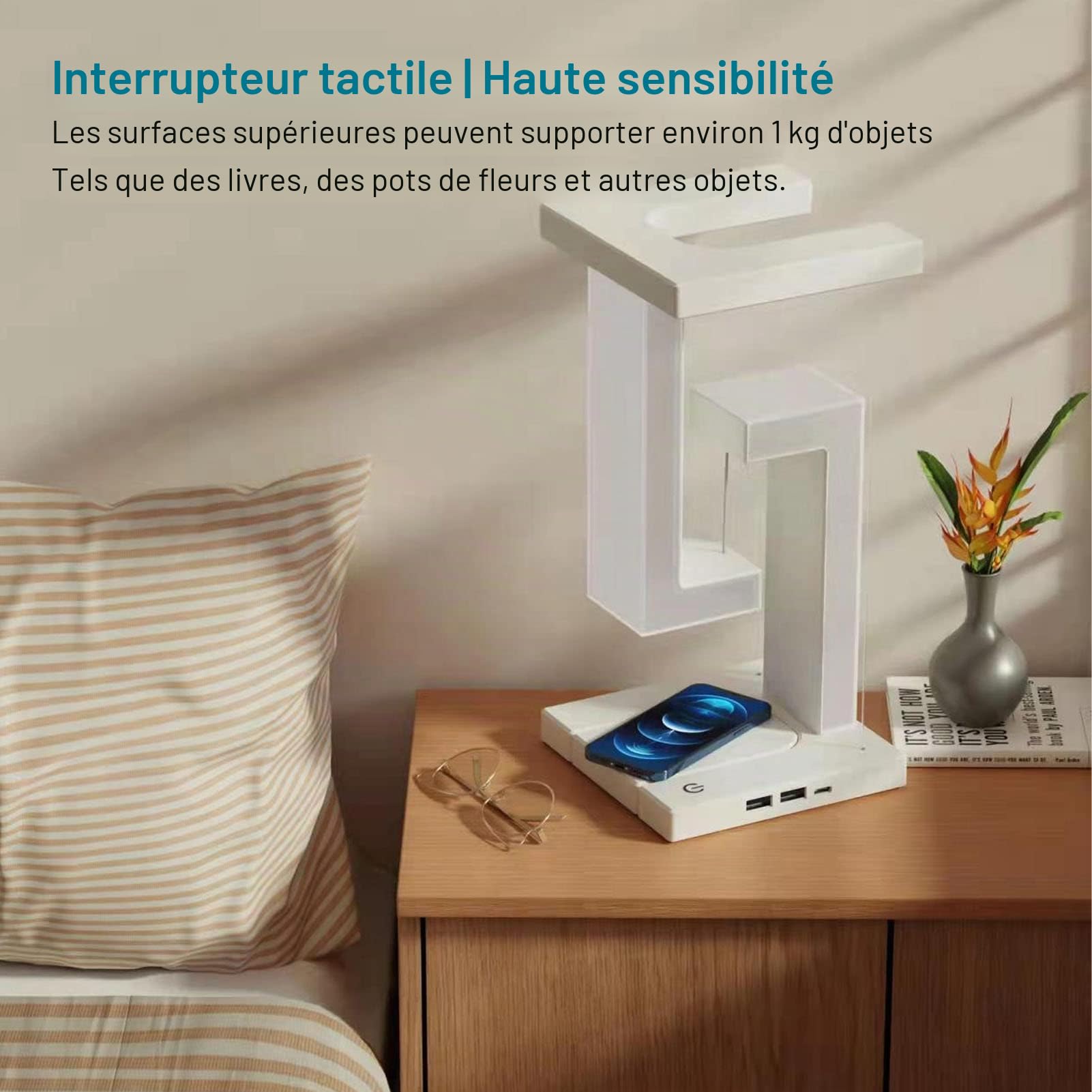 Lampe à Lévitation Magnétique, Lampe Flottante Moderne Unique à LED avec Chargeur de Téléphone sans Fil, 3 éclairages Réglables pour la Décoration de Bureau à Domicile
