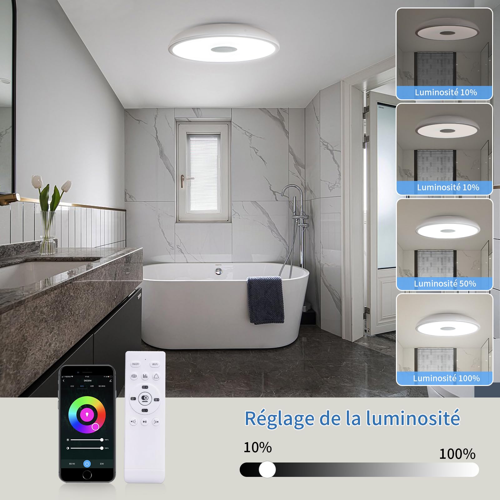 AIHONKON Smart Waterproof LED Flush Mount Ceiling Light Fixture,11 inch 18W,with Bluetooth Speaker,RGB Color Changing Function- Dimmable Lamp,Tuya Application Control-Compatible with Alexa Google Home - Image 3