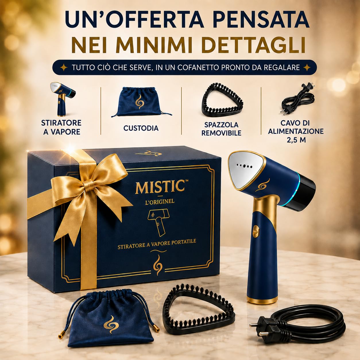 MISTIC Ferro da Stiro Verticale Pieghevole, Pronto in 20 Secondi, Luce LED, Cavo da 2,5 m