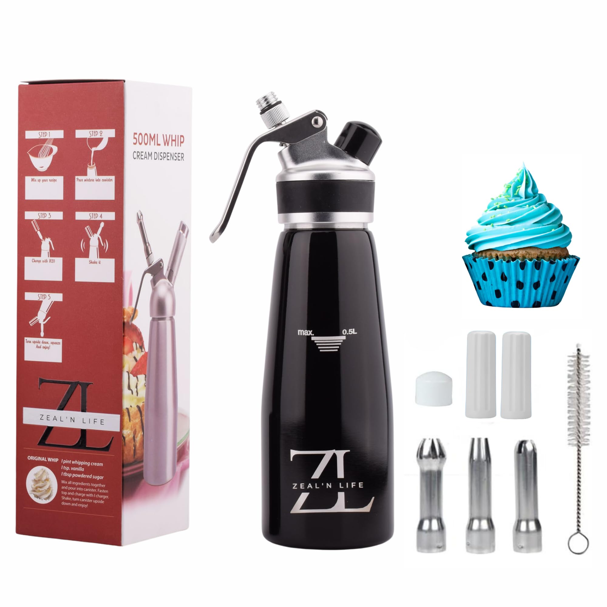 Whip Cream Maker – Stainless Steel Cream Dispenser for Whipped Cream, Desserts, Coffee, and Toppings – 3 Nozzles, 500ml Capacity, Heavy Duty Professional Quality (Black)