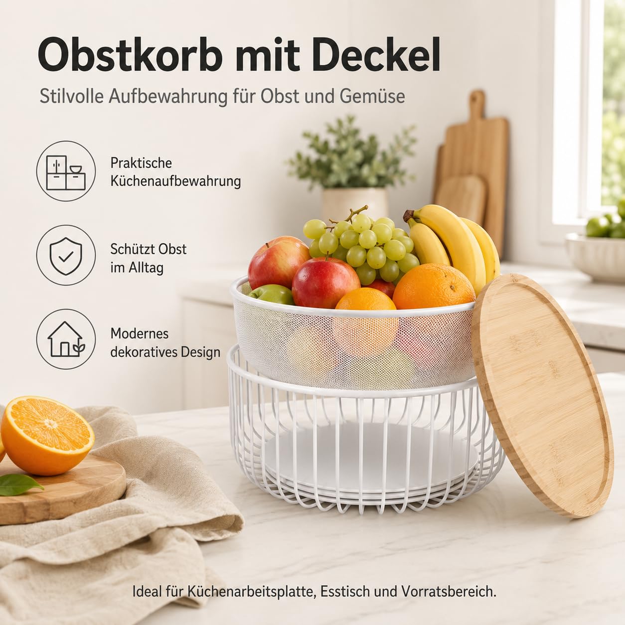 Pealeaf Obstkorb mit Deckel, Metall Obstschale mit Fliegenschutz, Obstkorb aus Drahtgeflecht mit Netzdeckel, Obst- und Gemüsehalter für Küche Arbeitsplatte Aufbewahrung (1PCS-Black)