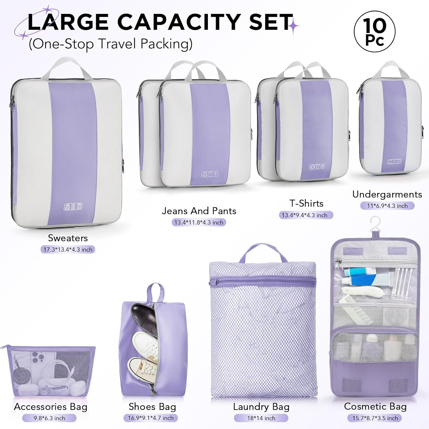 10 Set Compression Packing Cubes for Travel Essentials,Compressible Expandable Packing Cubes for Suitcase,OlarHike Luggage Organizer Bags for Travel,Handy Helper for Organizing Clothes(Purple Gray) - Image 2