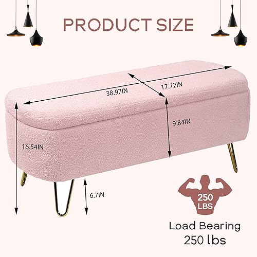 Miniatura 2 de Banco otomano de almacenamiento moderno, banco de entrada tapizado con diseño de boucle vintage, banco de pie de cama con patas doradas, banco