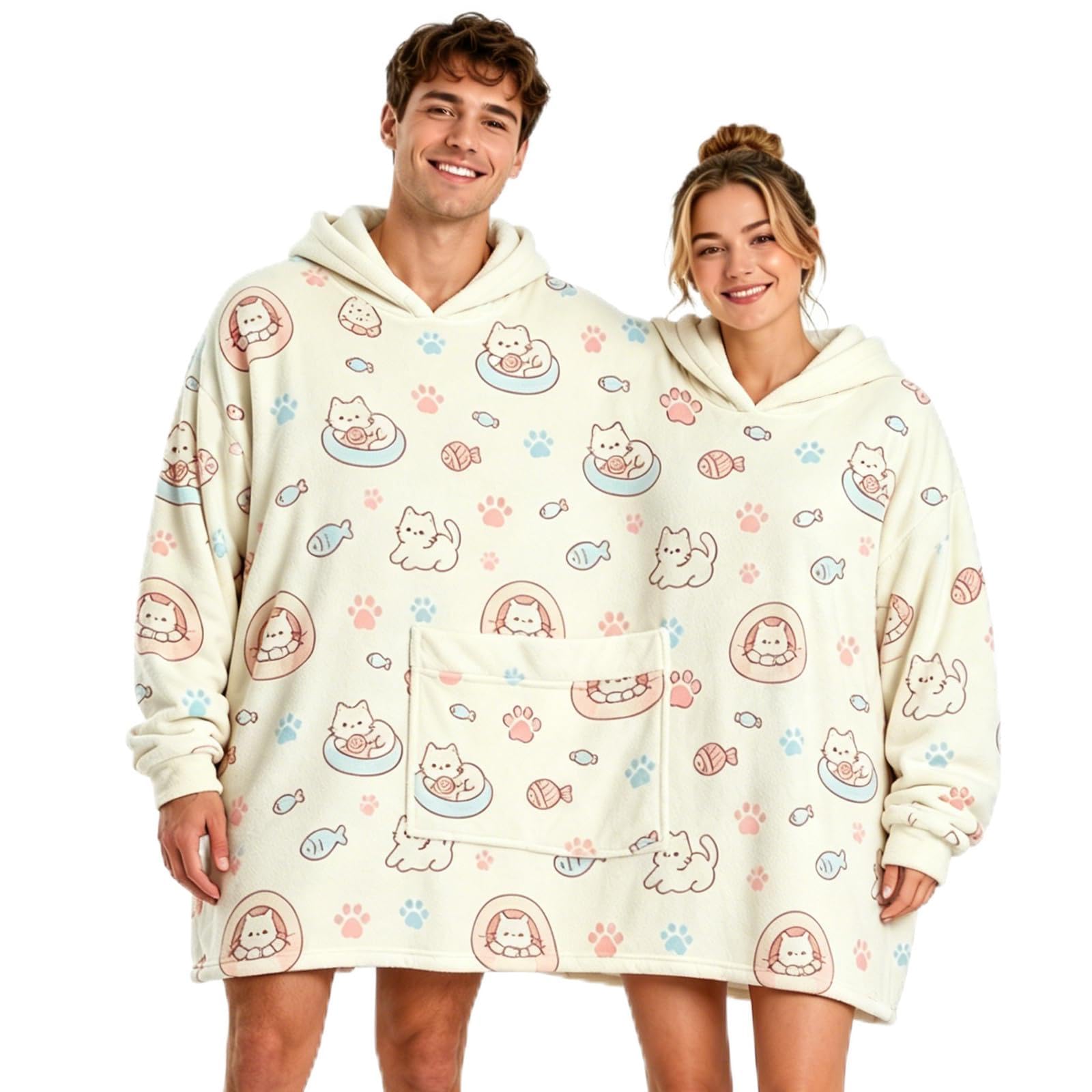 Partner Hoodie Pyjama Set für Paare Oversize Matching Sweatshirts Doppelkapuze Kuschelige Flanell Onesie Hausanzug Geschenk für Sie & Ihn