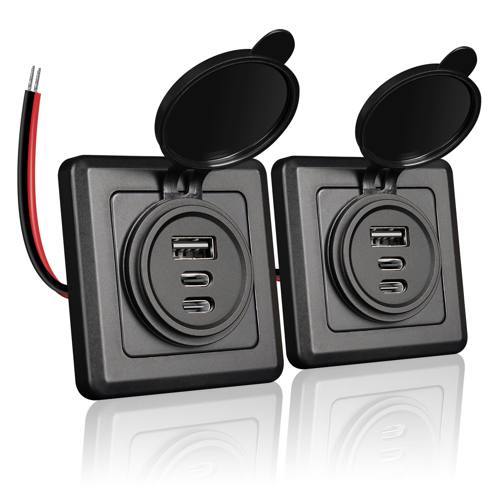 Gniazdo USB 12 V, 3-portowa aluminiowa ładowarka USB 12 V, podwójny port szybkiego ładowania USB C i USB A, mocowanie powierzchniowe z czarną płytą czołową, do kampera, łodzi, przyczepy