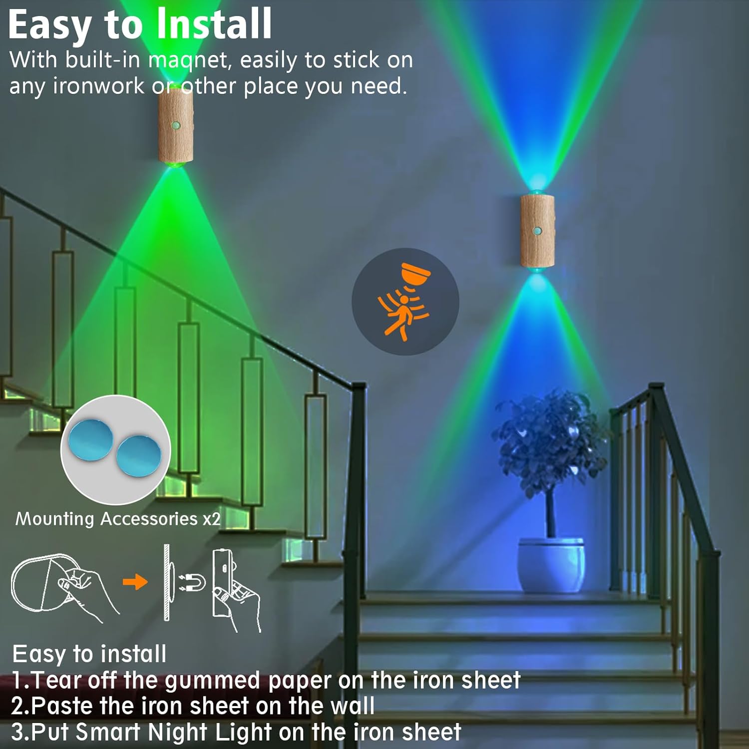 Diagram showing the magnetic installation steps for the night light.