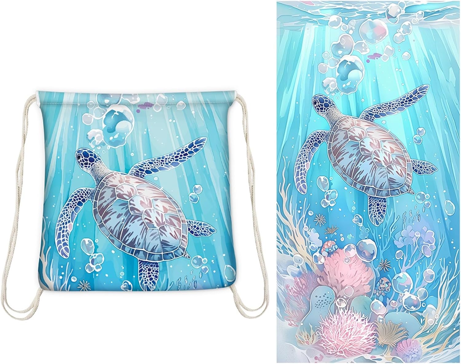 2-in-1 Beach Towel with Sea Turtle Design, Convertible Storage Bag, 31.4x15.7 Inch, for Beach, Swimming, Travel, Workout