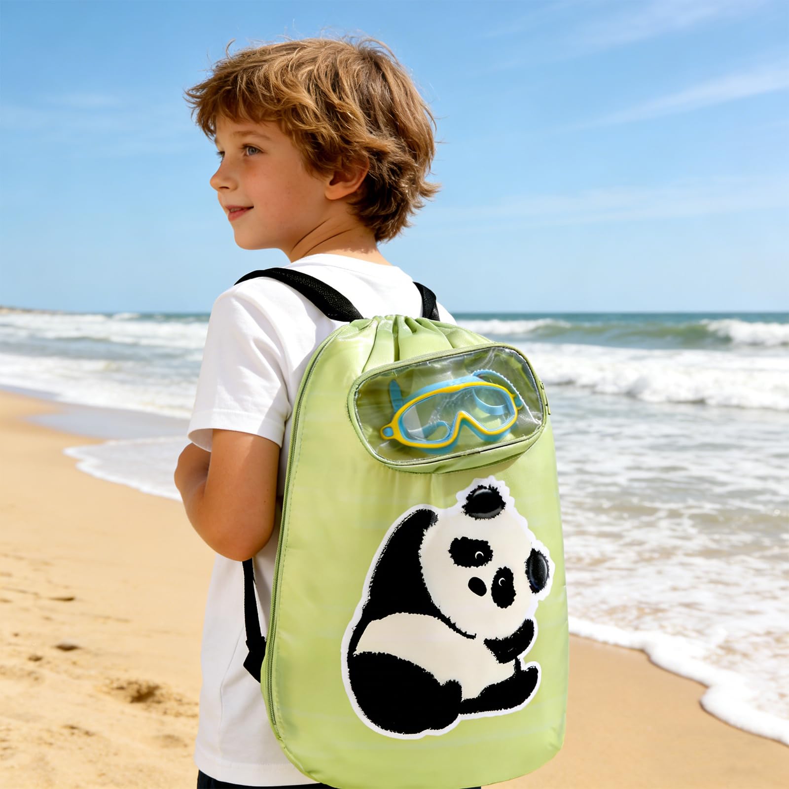 Panda dei Cartoni Animati Borsa Piscina, Borsone Piscina, Zaino Piscinas Bambino, Borsa da Nuoto Asciutta e Bagnata, Grande Capacità con Busta Trasparente per Sport Viaggi, Scuola, Nuoto