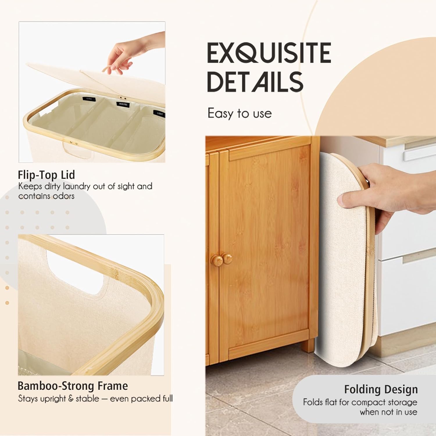 160L Laundry Sorter Hamper with Lid, 3 Section Extra Large Dirty Clothes Basket with Handles, 3 Removable Liner Bags & Labels, Beige