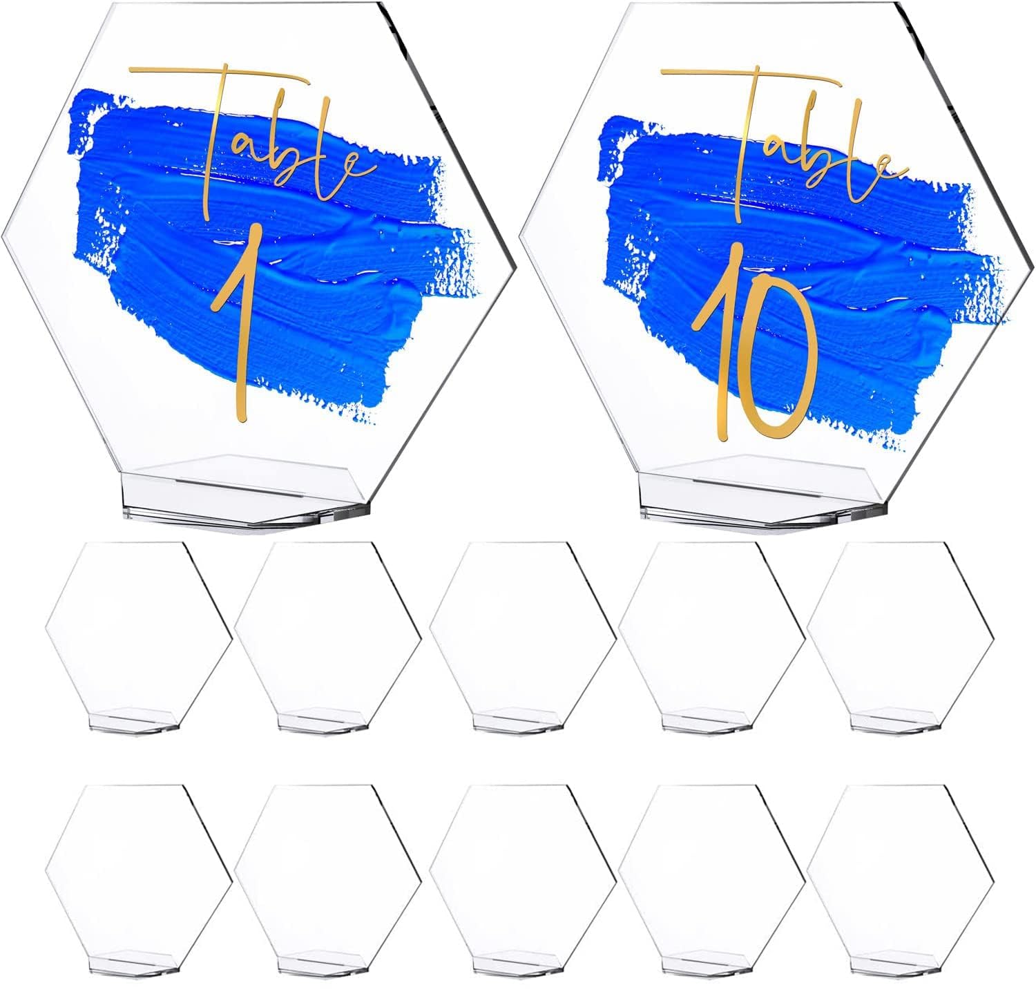 NALACAL Acrylic Table Numbers/Blank with Stands Hexagon Clear Place Cards Seating Stable Chart Sign for DIY Wedding Reception Dinner Birthday Party Event Table Decorations - 10 Packs