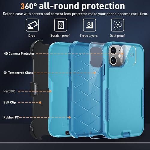 Miniatura 2 de Xmon Funda para iPhone 11, resistente y resistente con clip para cinturón, a prueba de golpes, protector de pantalla de vidrio templado + protector
