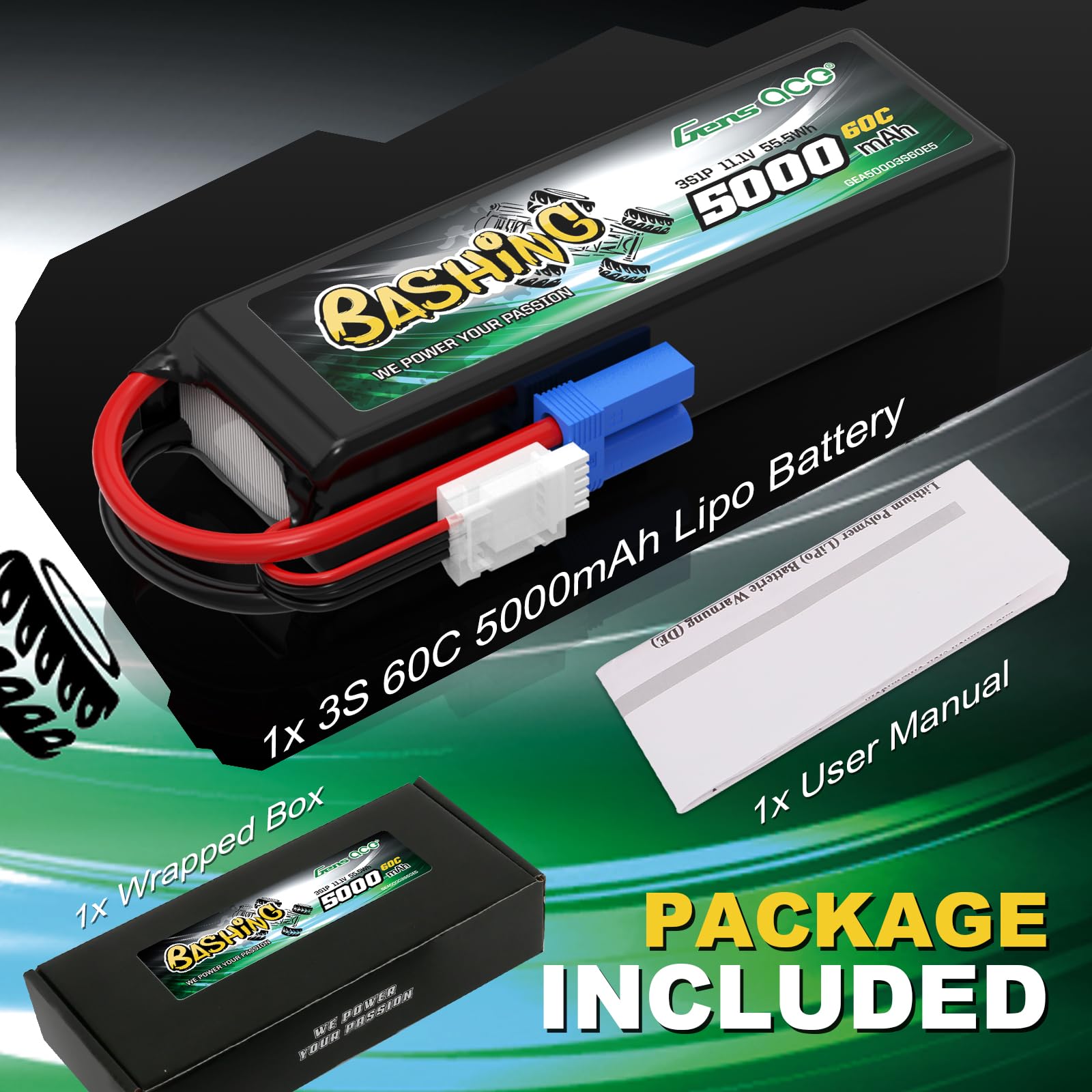 Gens Ace 3S 5000mAh LiPo Akku 11.1V 60C mit EC5 Stecker Bashing Batterie für RC Auto, RC Flugzeug, RC Hubschrauber, RC Hobby