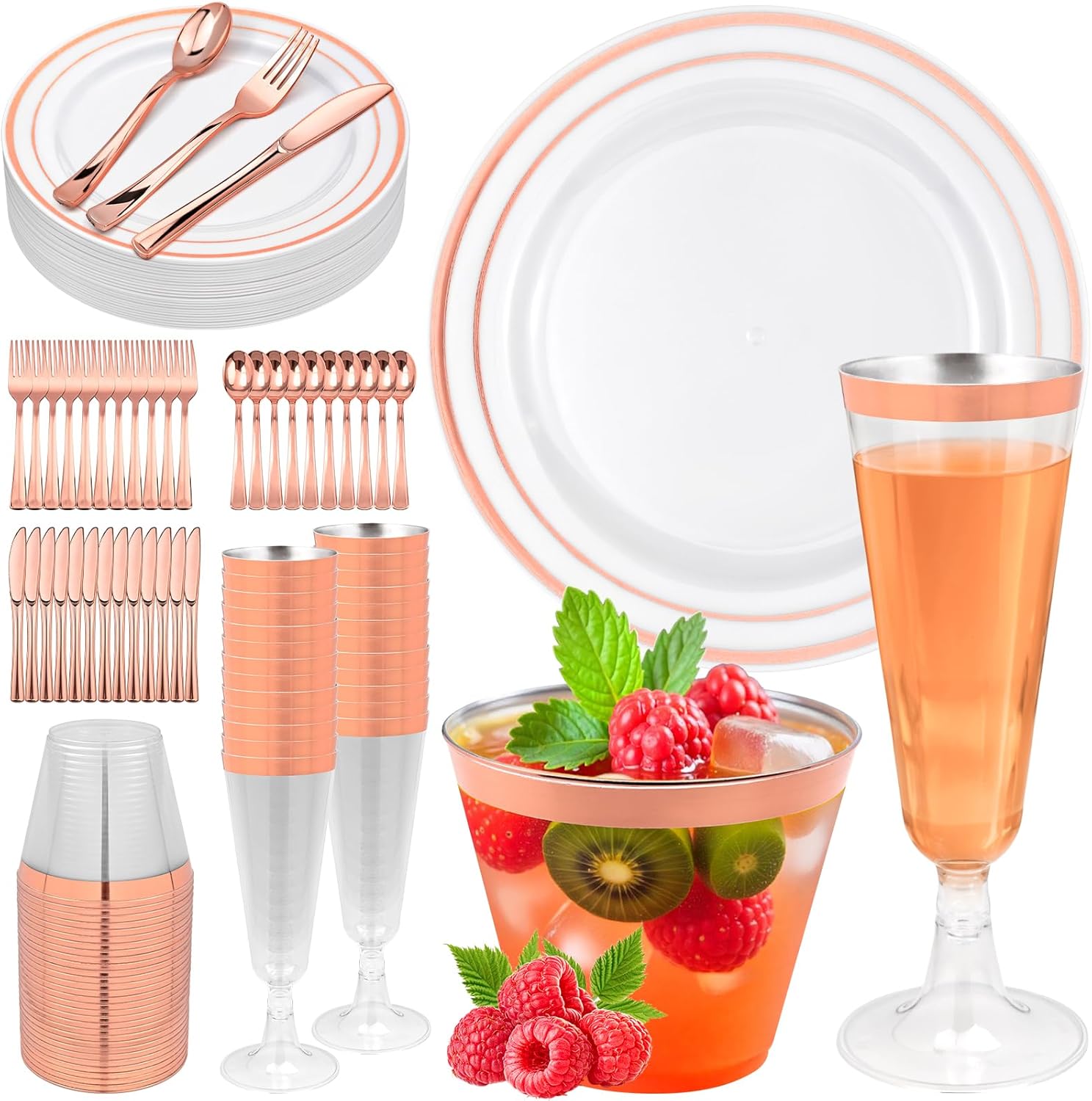 150PCS Rose Gold Plastic Plates Set for 25 Guests, Disposable Dinnerware Set of 25 Dessert Plates, 25 Cups & Champagne Flutes Cups, 25 Spoons, Forks & 25 Knives for Birthday, Wedding & Party Supplies