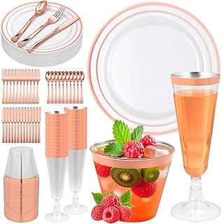 JIURUN 150PCS Rose Gold Plastic Plates Set for 25 Guests, Disposable Dinnerware Set of 25 Dinner, 25 Cups & Champagne Flutes Cups, 25 Spoons, Forks & 25 Knives for Birthday, Wedding & Party Supplies