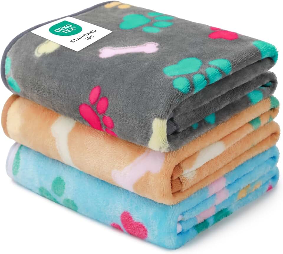 Luciphia 1 Pack 3 Blankets Fluffy Premium Fleece Pet Blanket Flannel Paw Printed Throw for Dog Cat(Small 23x16'', Grey/Brown/Blue) OEKO-TEX STANDARD 100