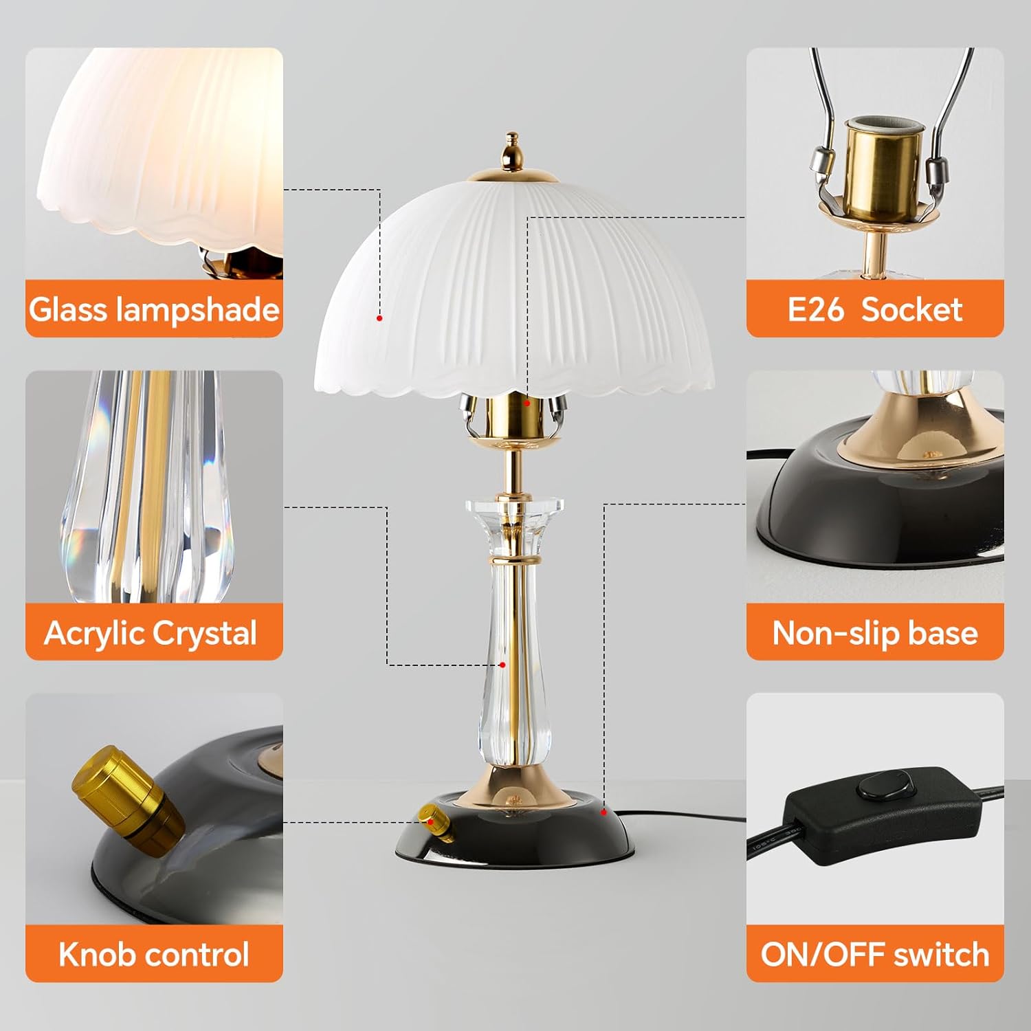 Crystal Table Lamp,Dimmable Bedside Lamp with ON/Off Switch Modern Glass Lamps for Night Stands Bedroom Living Room Decor (1PACK)