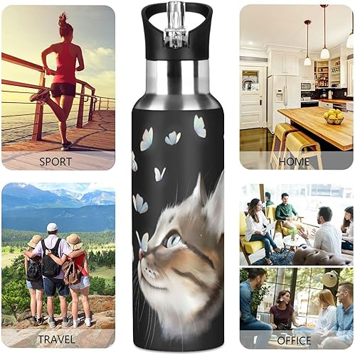 Miniatura 5 de ALAZA Botella de agua con diseño de gato lindo con mariposa y tapa de pajilla, aislada al vacío, termo de acero inoxidable, 32 onzas