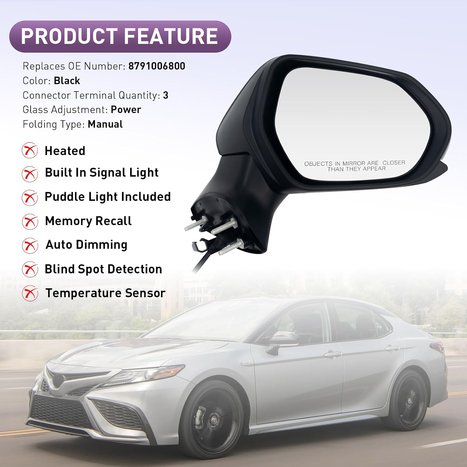 Passenger Side View Mirror Compatible With Toyota Camry 2018-2022 3-Pins Manual Folding Power Glass Non Heated Non Blind Spot Rear View Mirror