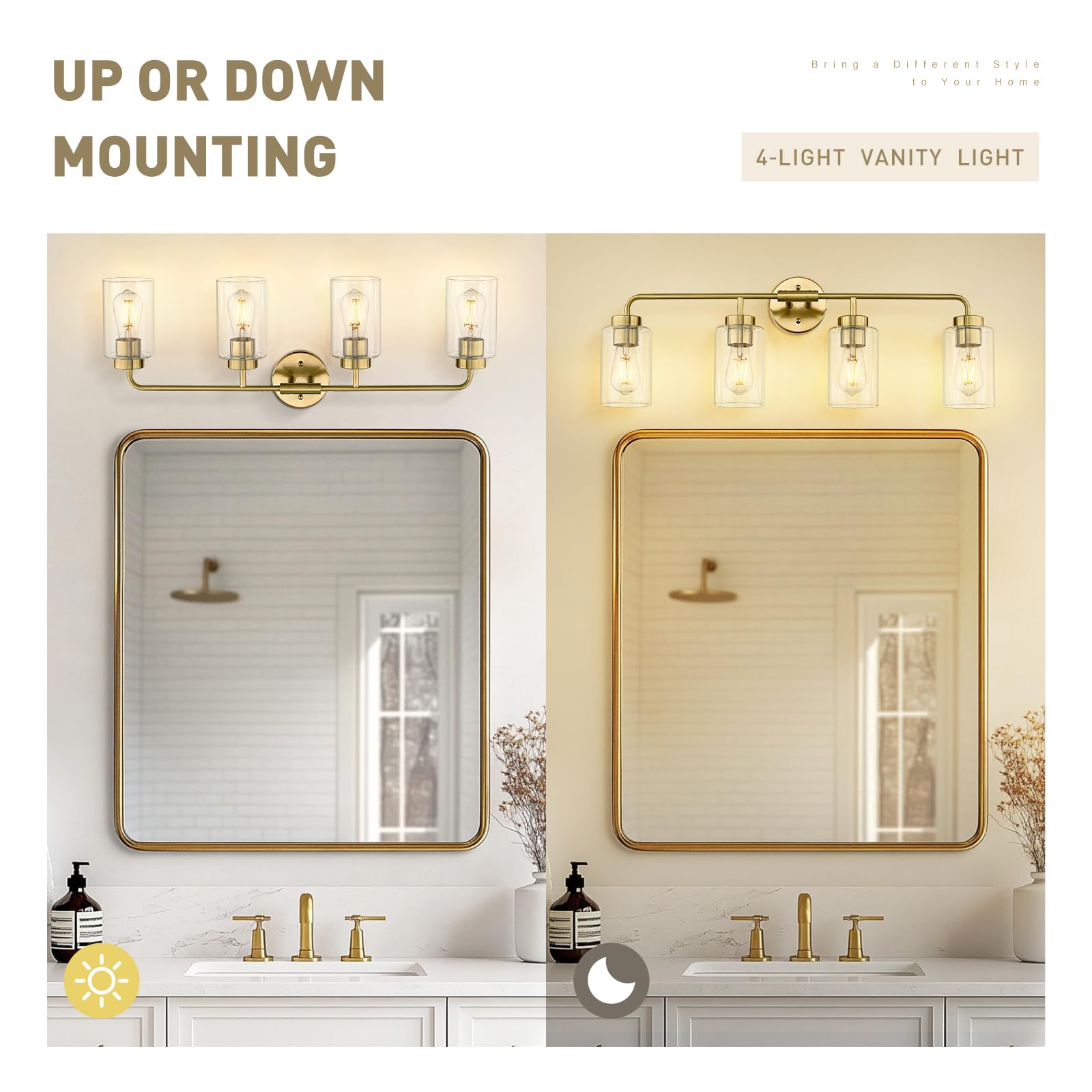 zeyu 4-Light Bathroom Light Fixtures, Gold Vanity Lights for Bathroom, 31 Inch Wall Sconce Lighting, Brushed Gold Finish, Clear Glass Finish, ZS62B-4W BG