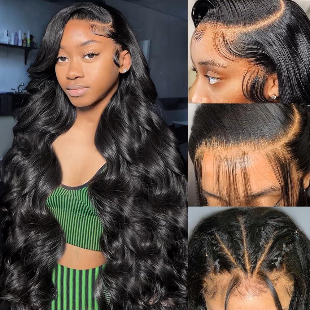 Wingirl Transparent Lace Front Human Hair Wigs for Women Pre Plucked Hairline 10A 180% Density 13x4 Brazilian Body Wave Lace Front Wigs with Baby Hair Natural Black Color (22inch Wigs)