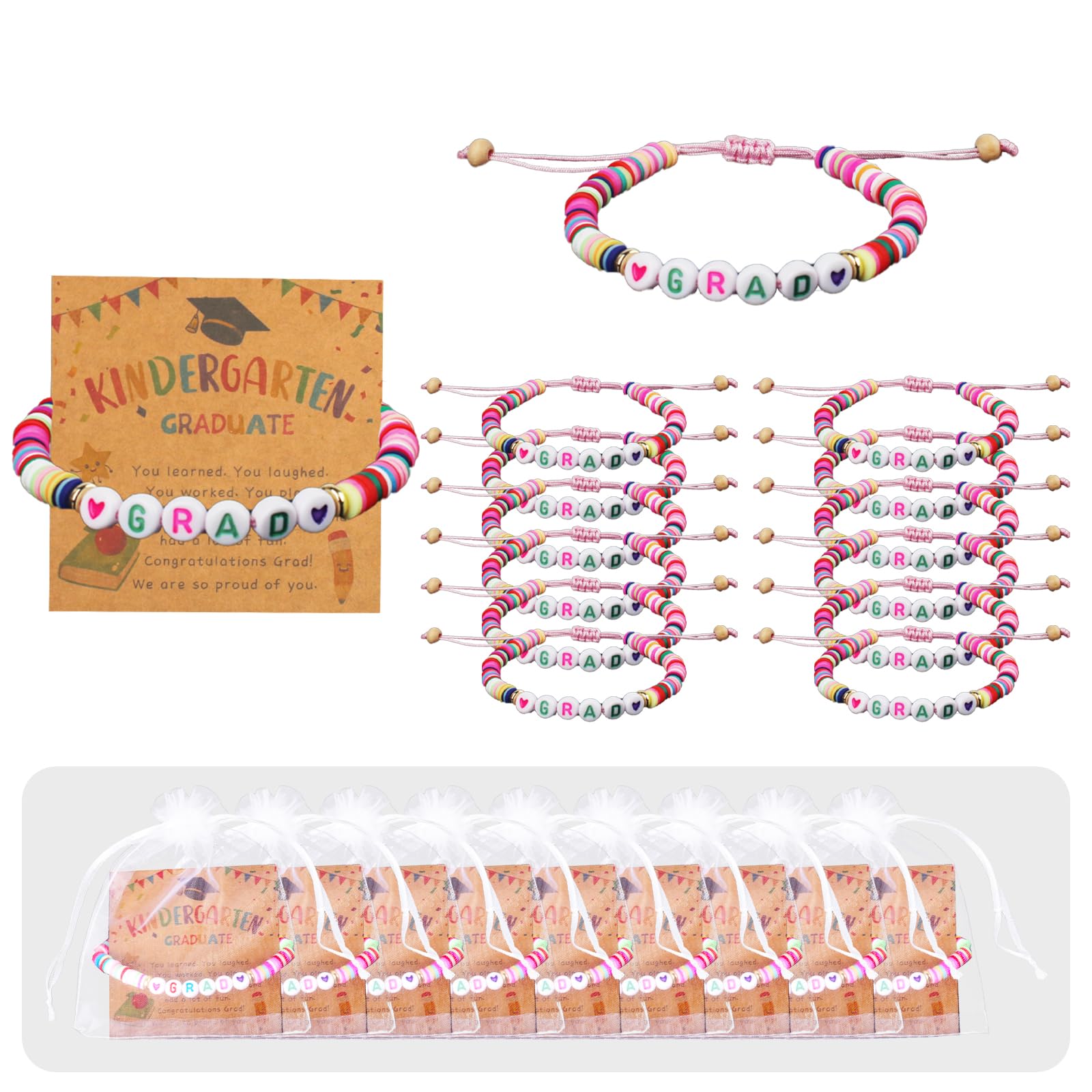 BOLLBAY 24 Set Kindergarten Graduation Bracelets Bulk with Wish Cards 4 x 5 Inch Organza Bags Colorful Adjustable Grad Bracelets Bulk Kindergarten Graduation Gifts for Boys Girls Toddler