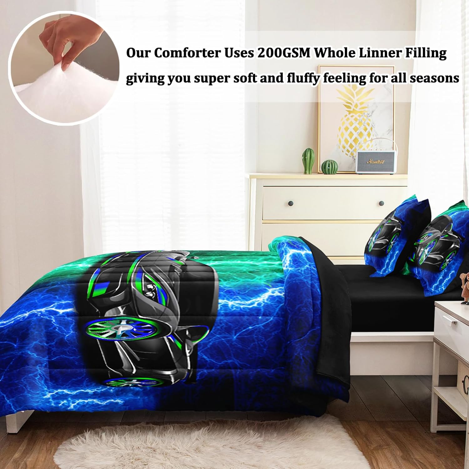 5 Pcs Car Comforter Sets for Boys, Cool Blue Green Lightnings Bed in A Bag Full Size Car Bedding Set for Boys Kids