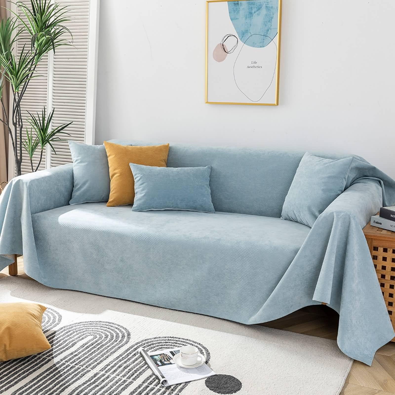 Manta 180 x 300 cm azul gris cubre sofá y funda de sillón con orejas KnSam