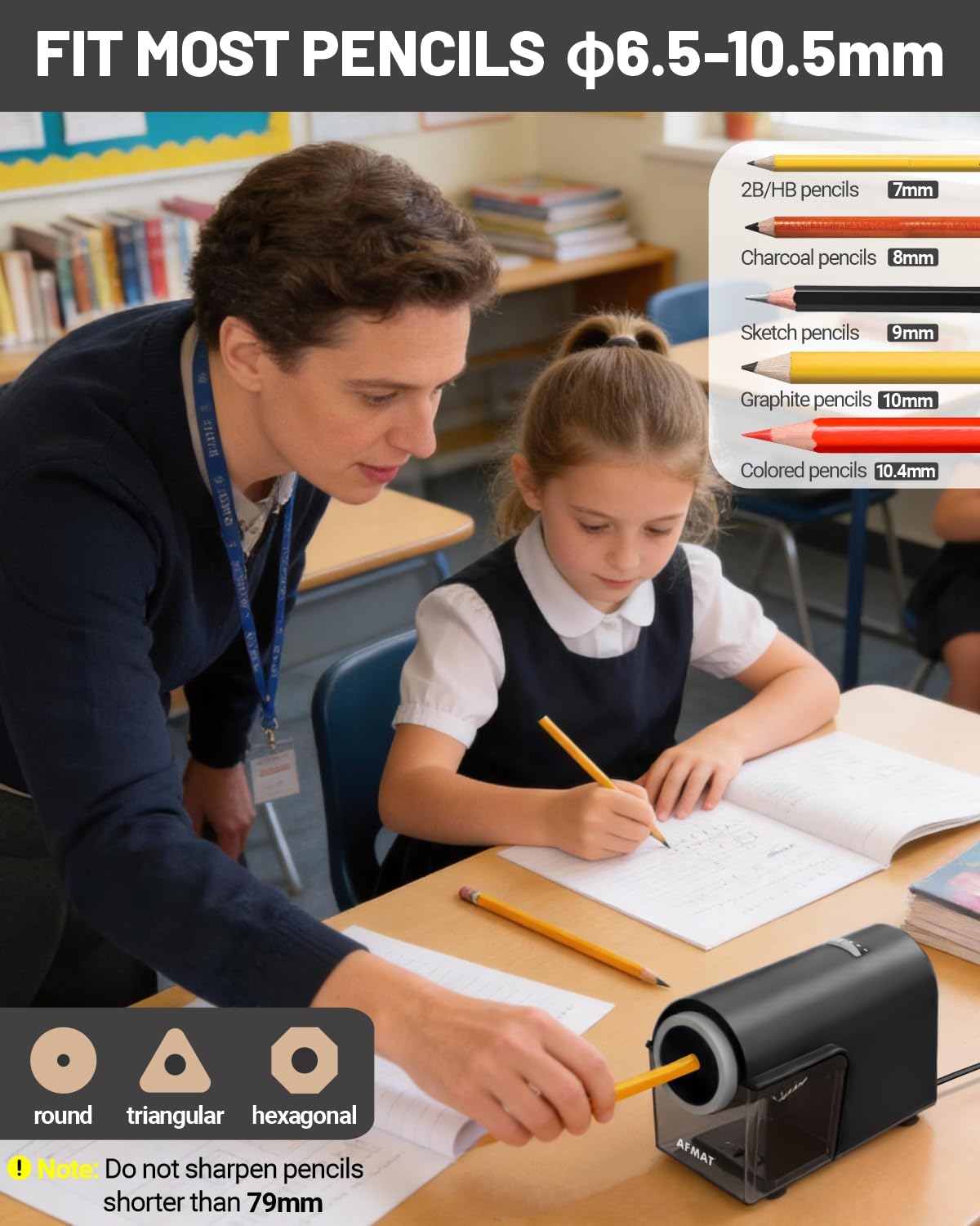 AFMAT Electric Pencil Sharpener, Fully Automatic Pencil Sharpener for Classroom, Fast & Hands-Free, 10,000+ Uses, 5 Nibs, Heavy Duty Sharpeners for No.2/Jumbo/Colored Pencils (6.5-10.5mm) Black, PSC5 - Image 3