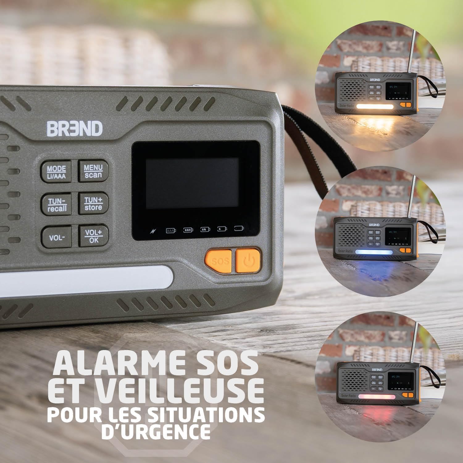 BREND BR-2244 Emergency Radio display showing SOS alarm and night light