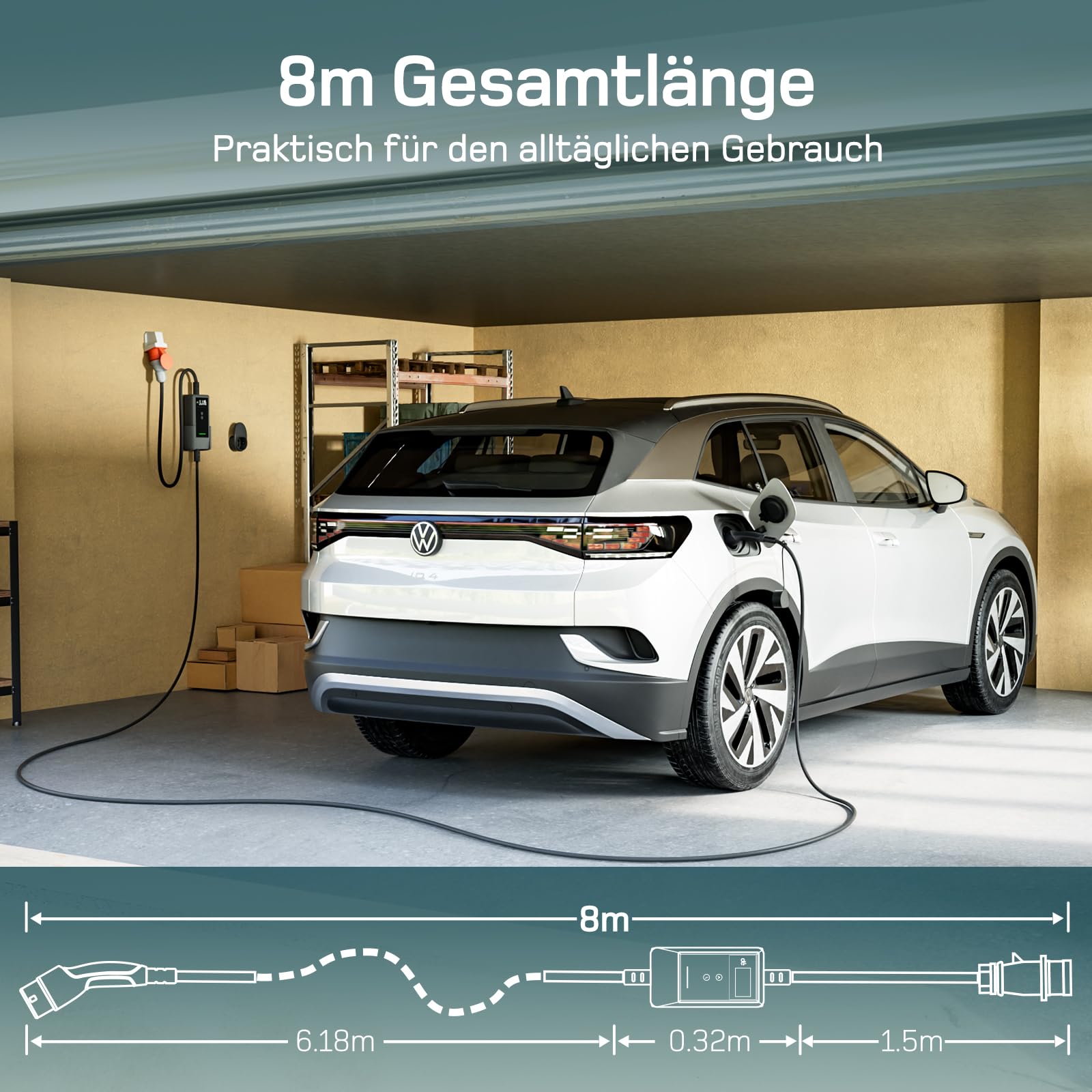 dé Mobilny Wallbox 11 kW z aplikacją [8 m | 3-fazowy | 6-16 A], kabel do ładowania do samochodu CEE-16A 400 V na typ 2 z regulowaną mocą ładowania, ładowarka EV do ID.3/4/5/7, IX1, model 3/Y i innych